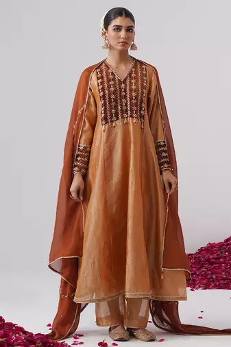 Orange embroidered silk kurta set