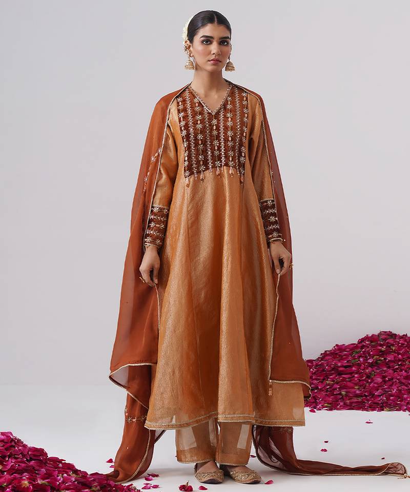 Orange embroidered silk kurta set