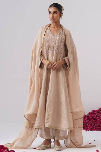 Beige embroidered silk kurta set