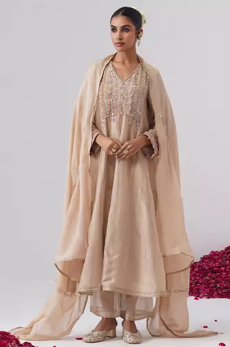 Beige embroidered silk kurta set
