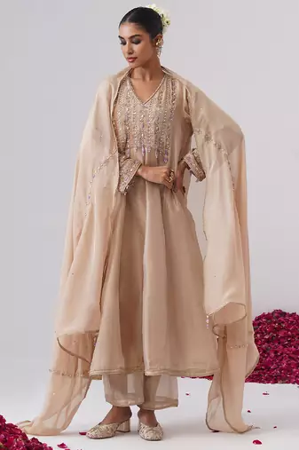 Beige embroidered silk kurta set