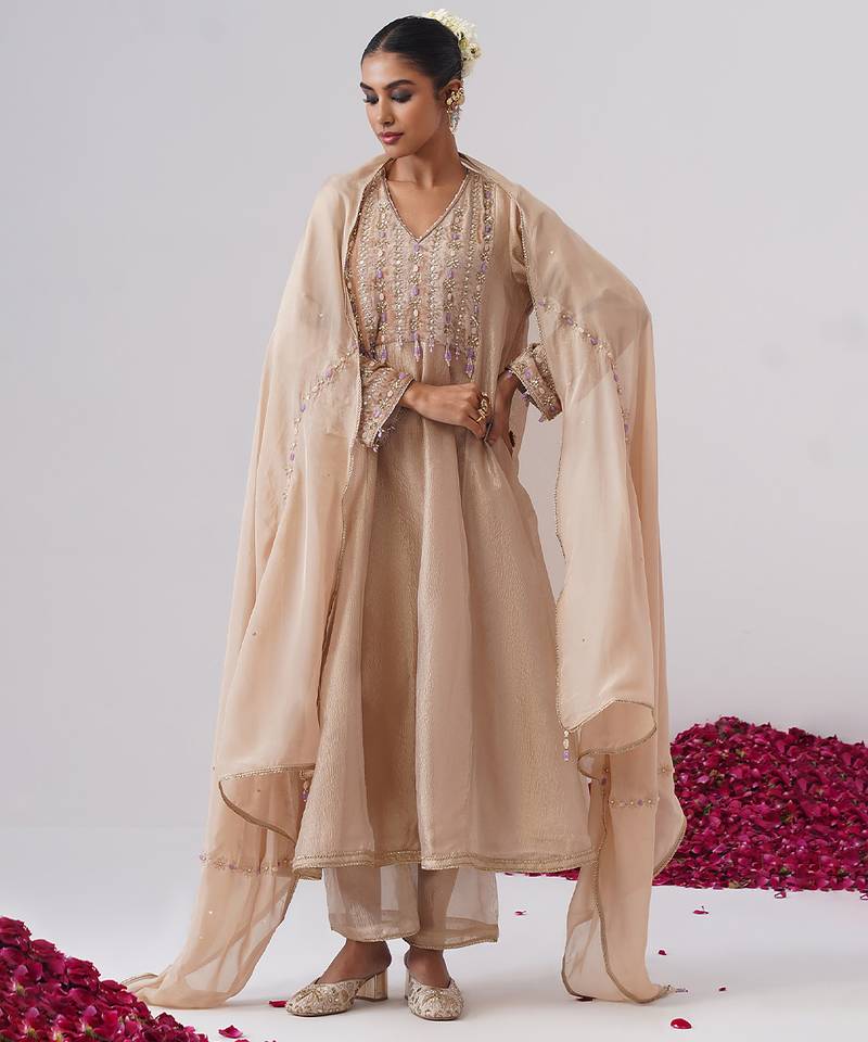 Beige embroidered silk kurta set