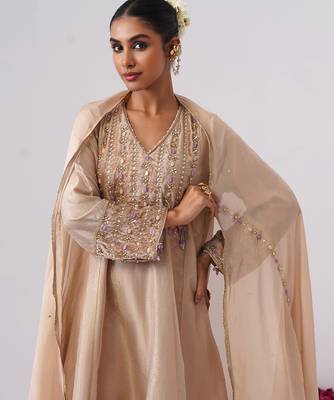 Beige embroidered silk kurta set 3