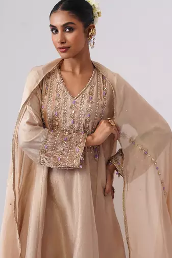 Beige embroidered silk kurta set