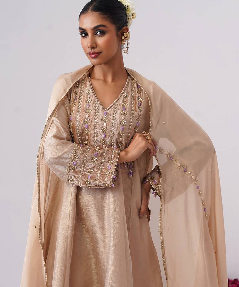 Beige embroidered silk kurta set