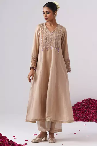 Beige embroidered silk kurta set