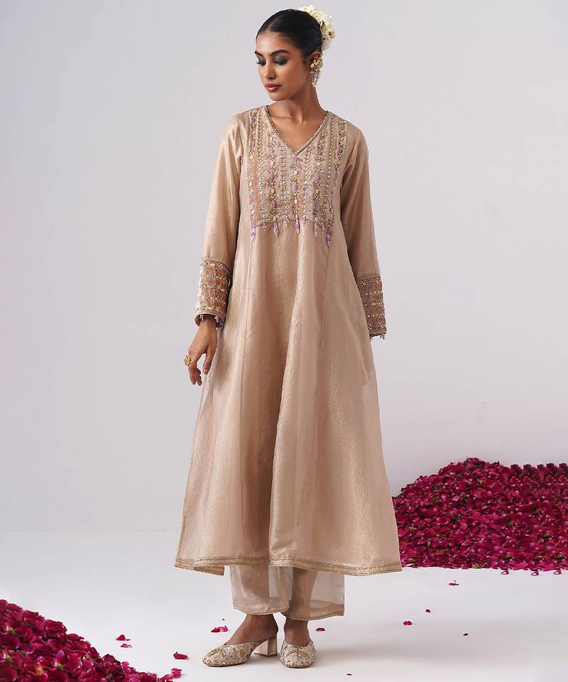 Beige embroidered silk kurta set
