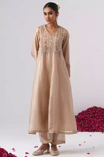 Beige embroidered silk kurta set
