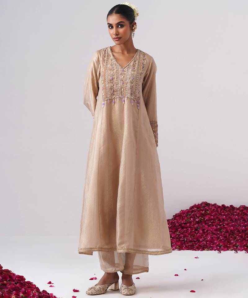 Beige embroidered silk kurta set