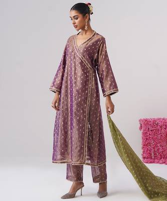 Purple embroidered silk kurta set 1