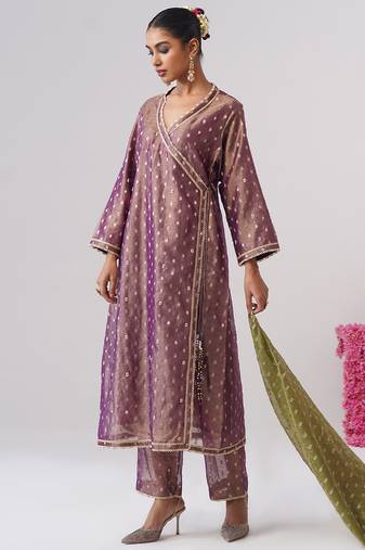 Purple embroidered silk kurta set
