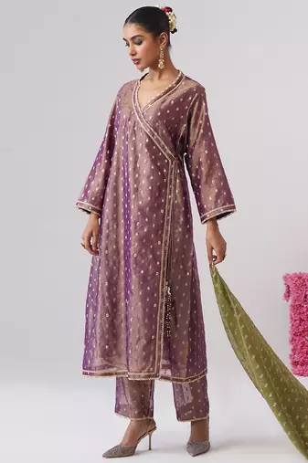 Purple embroidered silk kurta set