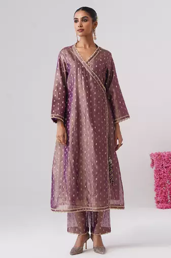Purple embroidered silk kurta set