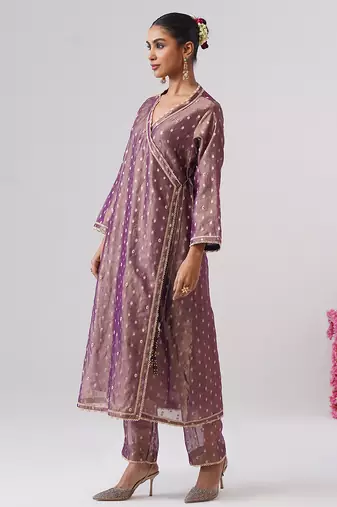 Purple embroidered silk kurta set