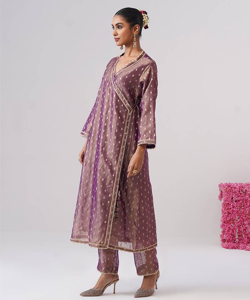 Purple embroidered silk kurta set