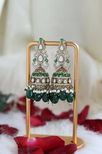 Green & pearl jhumka earrings