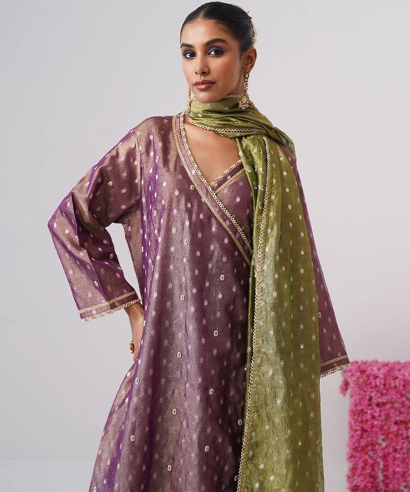 Purple embroidered silk kurta set