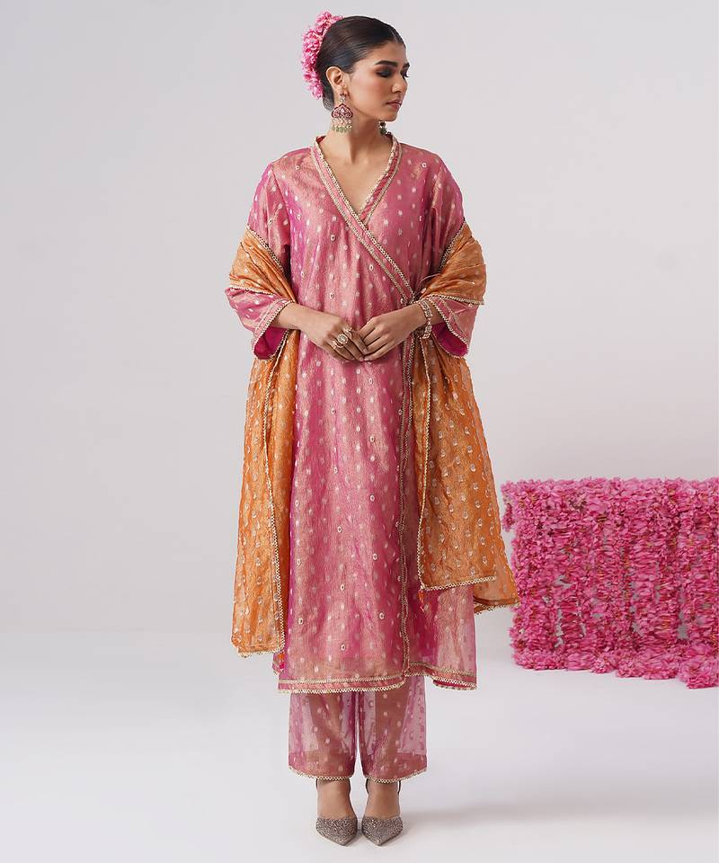 Pink embroidered silk kurta set