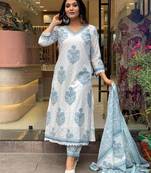 White Grey Cotton Hand Block Sanganeri Printed Straight Salwar Kameez Suit With Afghani Pant