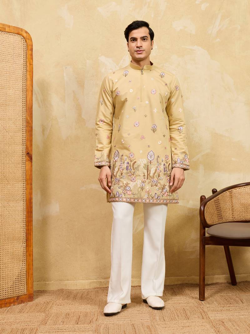 YELLOW VISCOSE SILK THREAD & SEQUINS EMBROIDERED WORK WEDDING FESTIVAL MARRIAGE PARTY WEAR STRAIGHT MENS KURTA