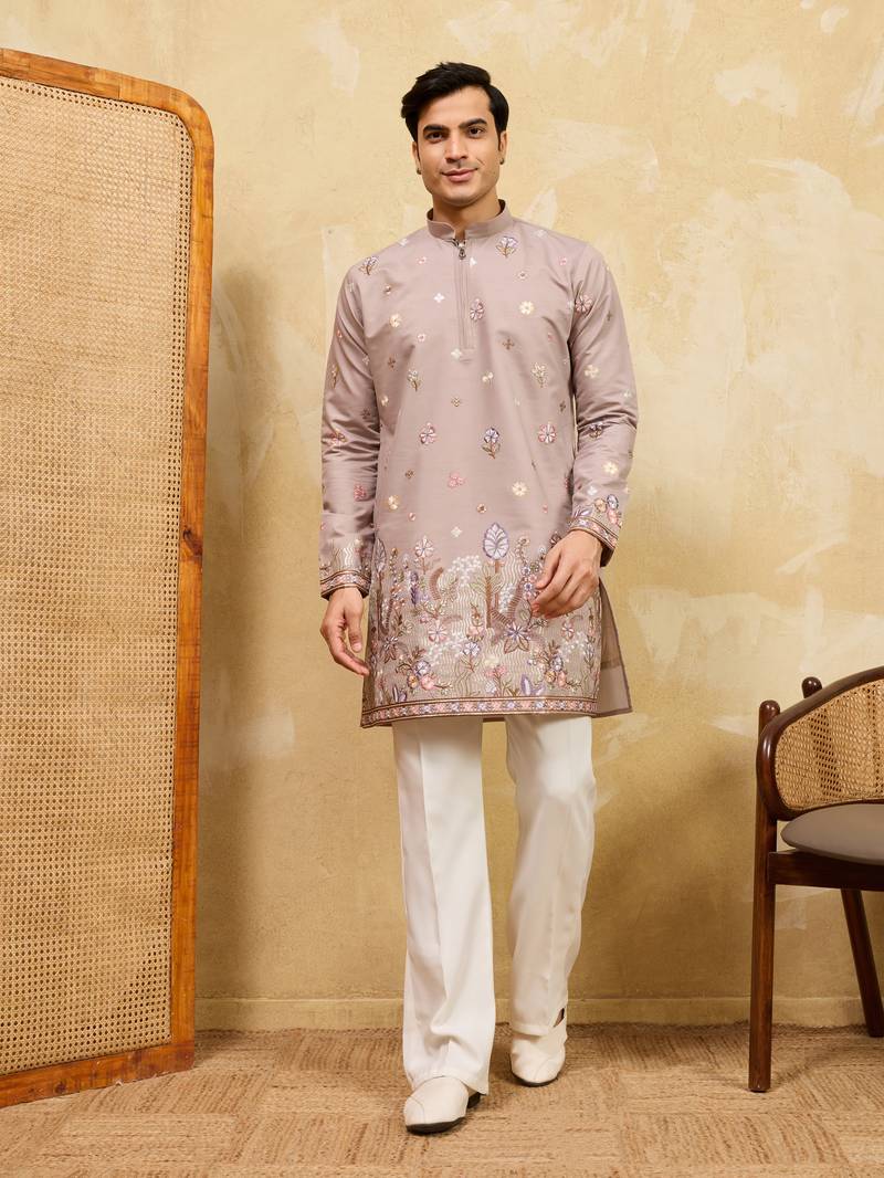 BEIGE VISCOSE SILK THREAD & SEQUINS EMBROIDERED WORK WEDDING FESTIVAL MARRIAGE PARTY WEAR STRAIGHT MENS KURTA