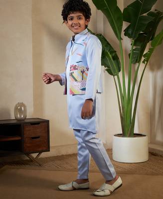 Sky blue satin thead with sequins embroidered work wedding function festival party boys straight kurta pant koti 6