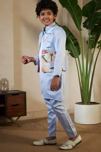 Sky blue satin thead with sequins embroidered work wedding function festival party boys straight kurta pant koti