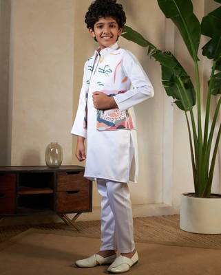 White satin thead with sequins embroidered work wedding function festival party boys straight kurta pant koti 6