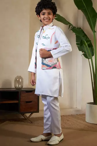 White satin thead with sequins embroidered work wedding function festival party boys straight kurta pant koti