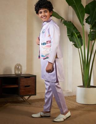 Lavender satin thead with sequins embroidered work wedding function festival party boys straight kurta pant koti 6