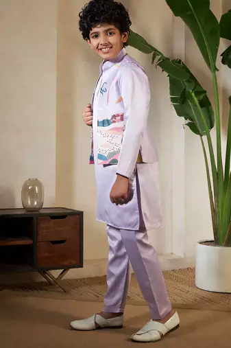 Lavender satin thead with sequins embroidered work wedding function festival party boys straight kurta pant koti