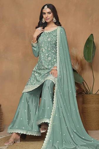 Sea Green Embroidery Chinon Palazzo