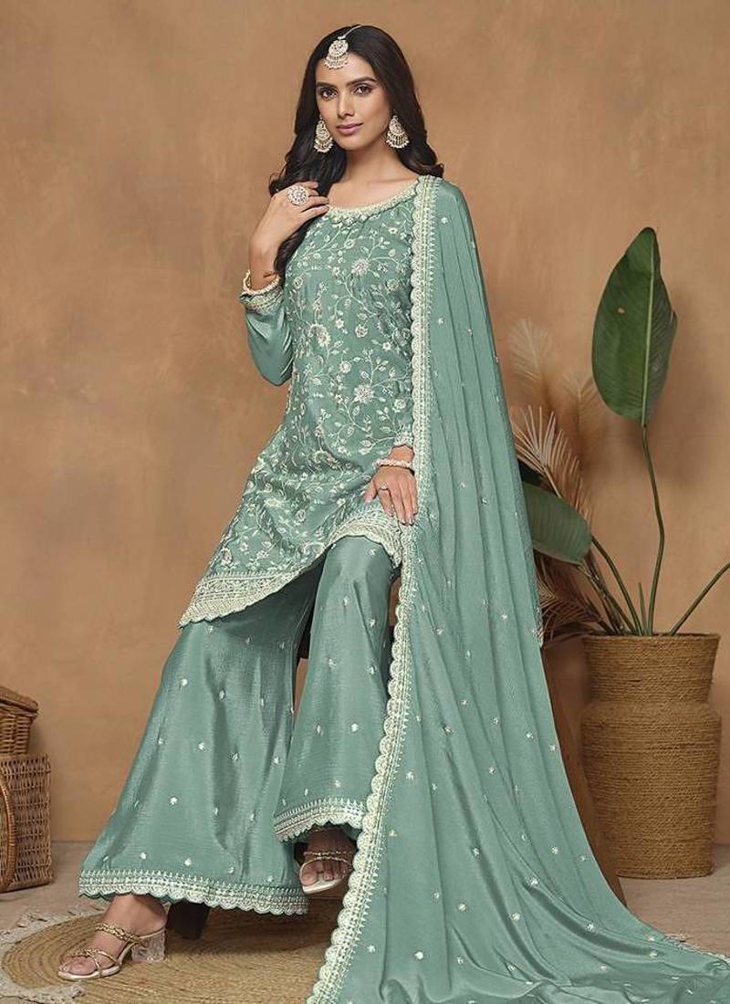 Sea Green Embroidery Chinon Palazzo