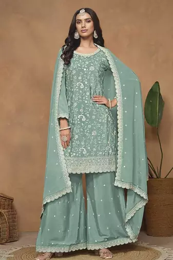 Sea Green Embroidery Chinon Palazzo
