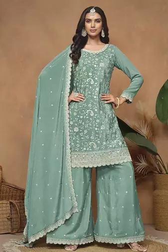 Sea Green Embroidery Chinon Palazzo