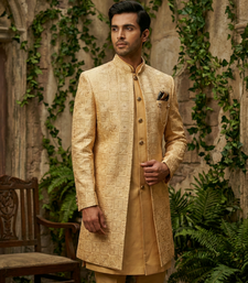 Yellow thread and sequins embroidered indowestern in ombre