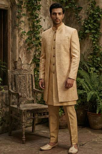 Yellow thread and sequins embroidered indowestern in ombre