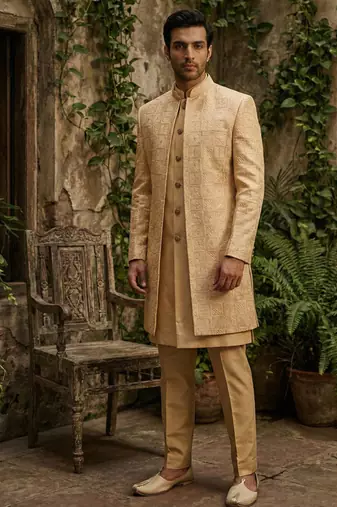 Yellow thread and sequins embroidered indowestern in ombre