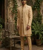 Yellow thread and sequins embroidered indowestern in ombre