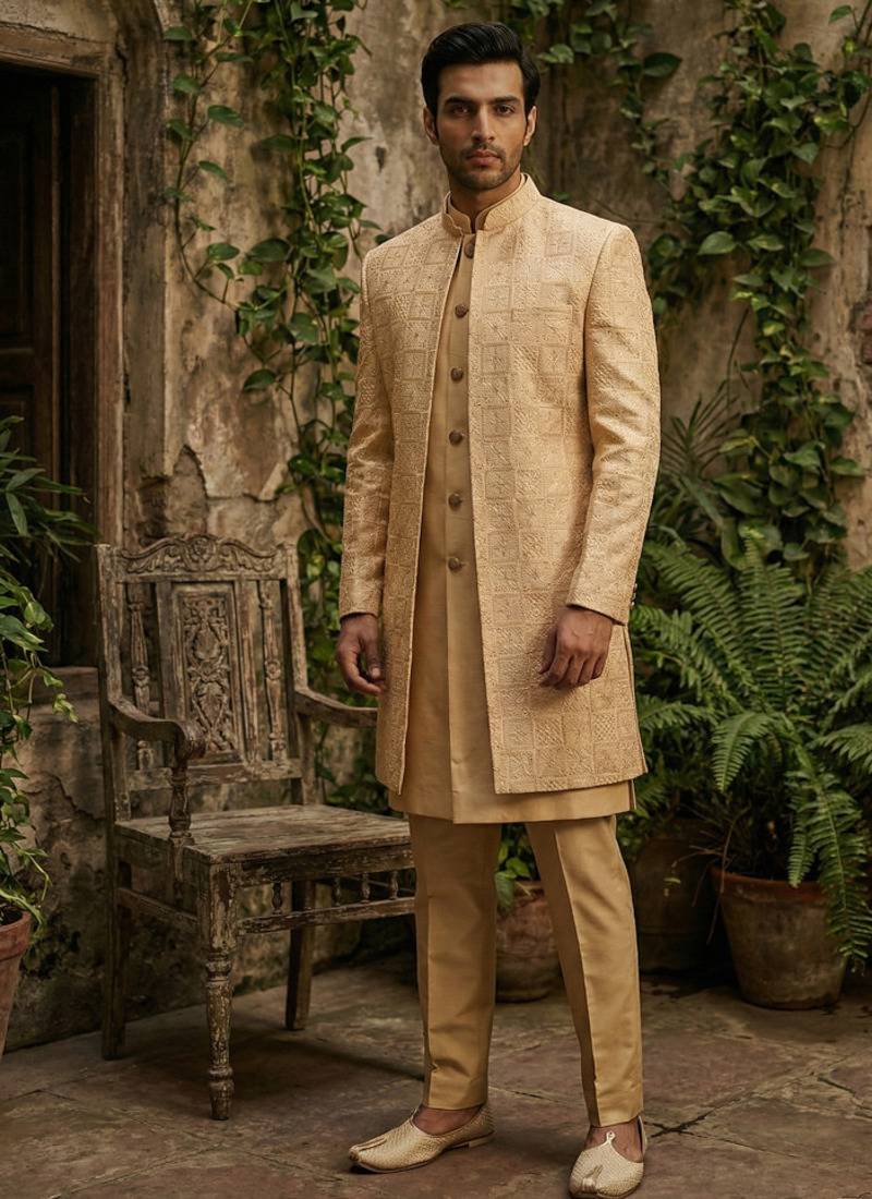 Yellow thread and sequins embroidered indowestern in ombre