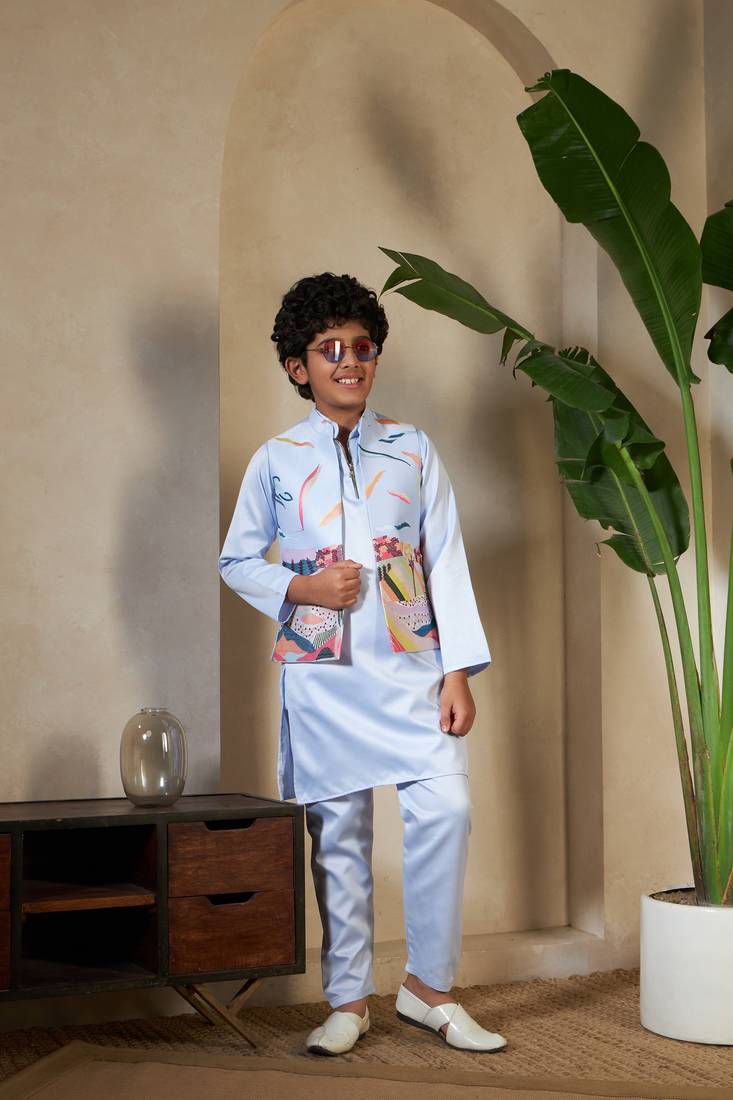 Sky blue satin thead with sequins embroidered work wedding function festival party boys straight kurta pant koti