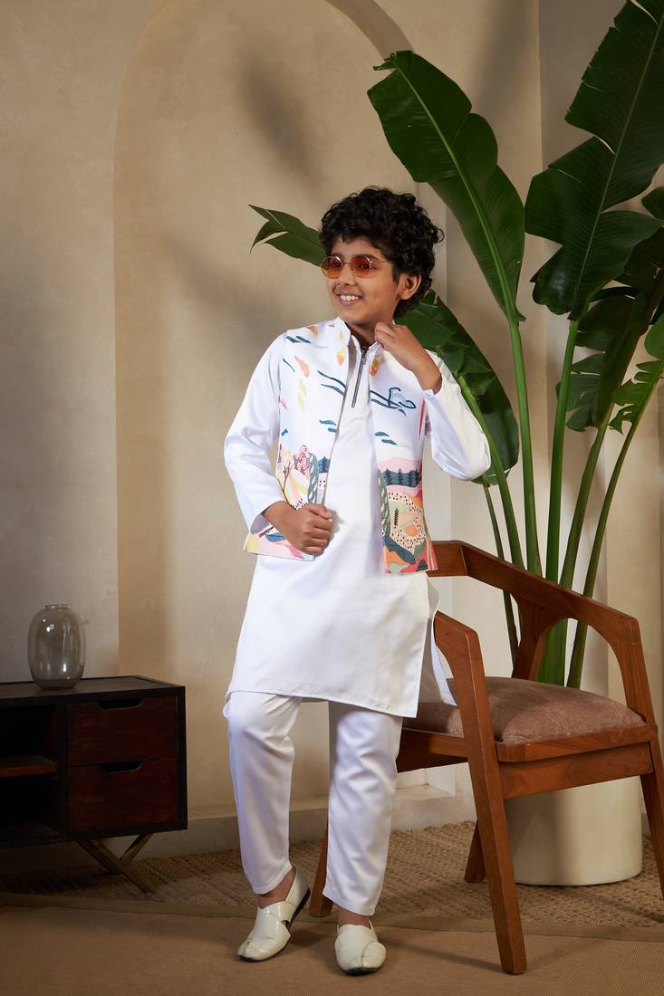 White satin thead with sequins embroidered work wedding function festival party boys straight kurta pant koti