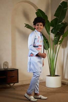 Sky blue satin thead with sequins embroidered work wedding function festival party boys straight kurta pant koti 8