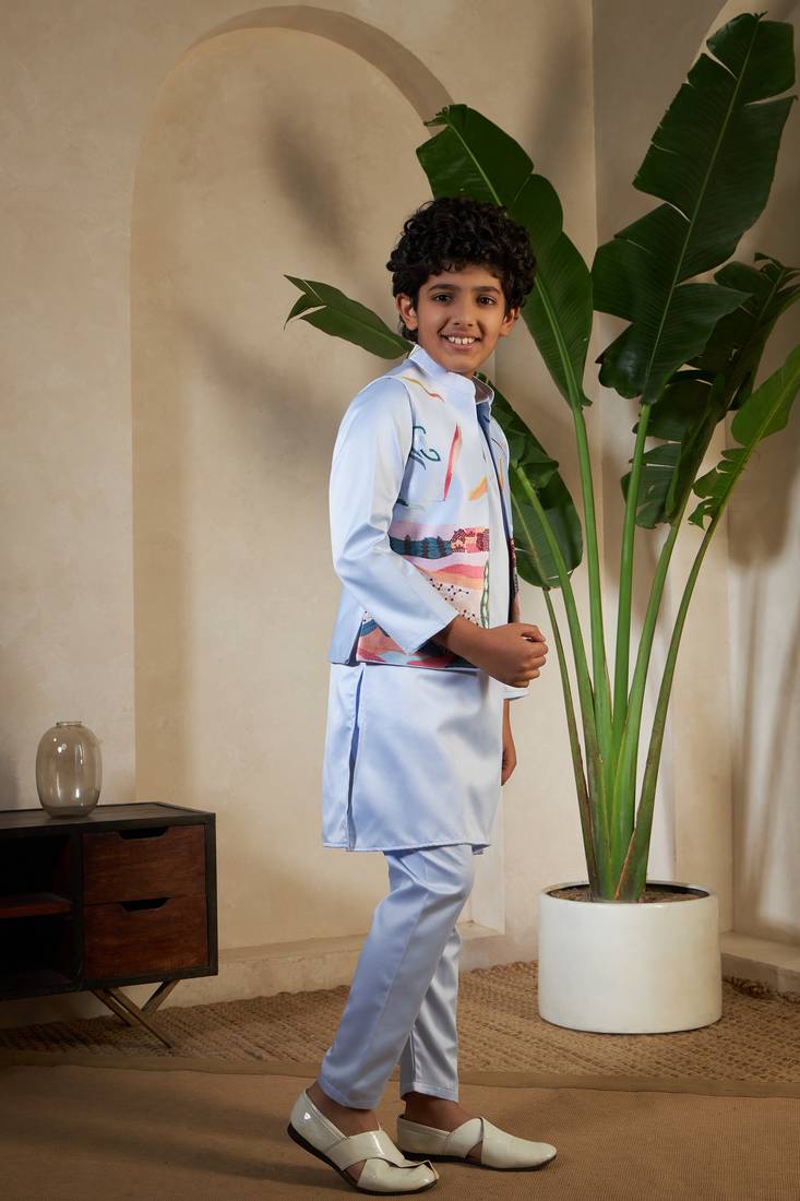 Sky blue satin thead with sequins embroidered work wedding function festival party boys straight kurta pant koti