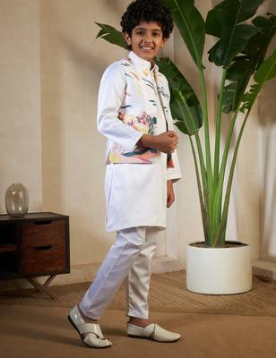 White satin thead with sequins embroidered work wedding function festival party boys straight kurta pant koti 8