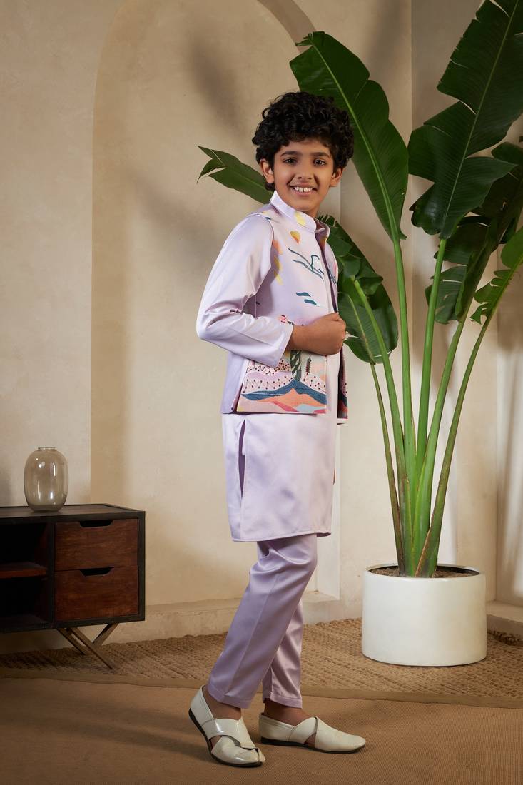 Lavender satin thead with sequins embroidered work wedding function festival party boys straight kurta pant koti