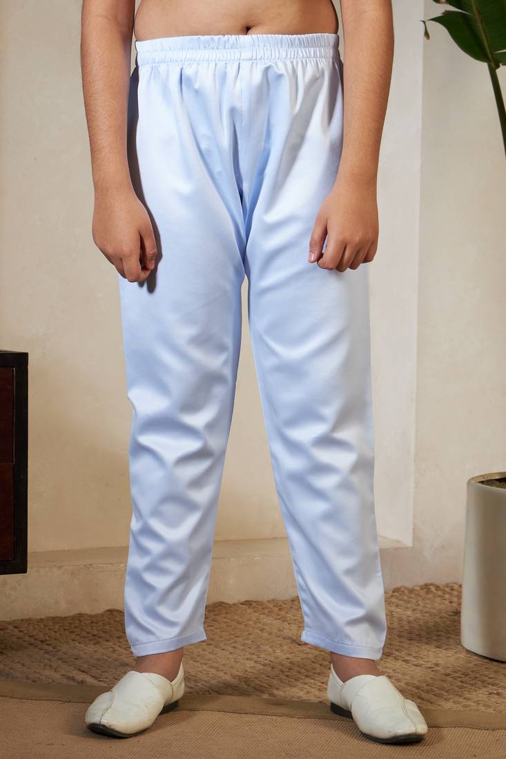 Sky blue satin thead with sequins embroidered work wedding function festival party boys straight kurta pant koti