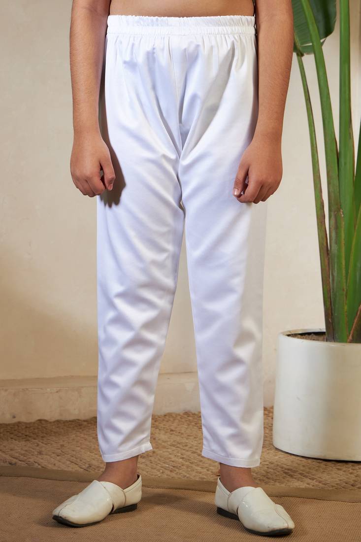 White satin thead with sequins embroidered work wedding function festival party boys straight kurta pant koti