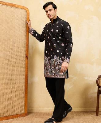 BLACK VISCOSE SILK THREAD & SEQUINS EMBROIDERED WORK WEDDING FESTIVAL MARRIAGE PARTY WEAR STRAIGHT MENS KURTA 7