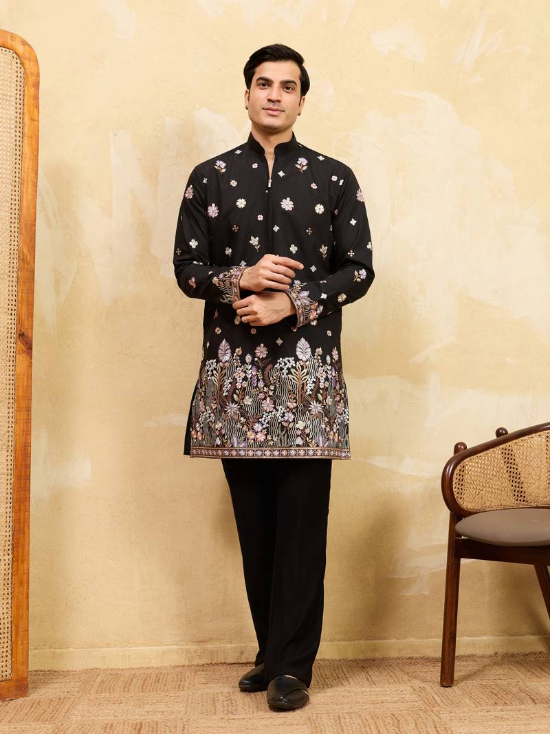 BLACK VISCOSE SILK THREAD & SEQUINS EMBROIDERED WORK WEDDING FESTIVAL MARRIAGE PARTY WEAR STRAIGHT MENS KURTA